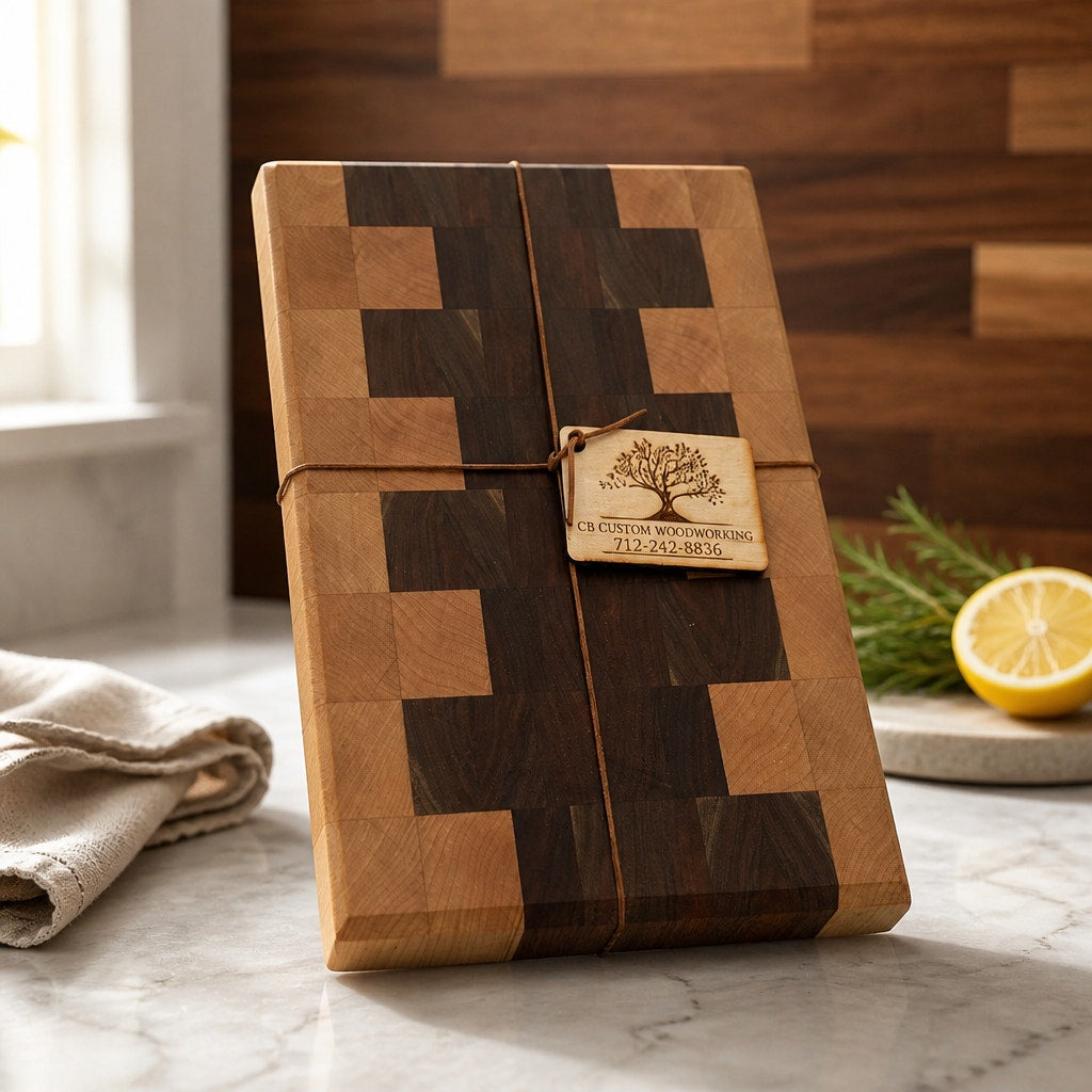 Chef Quality End Grain Cutting Board, walnut and maple hardwood, 12.5 x 9 x 1.75, artisan made, long lasting