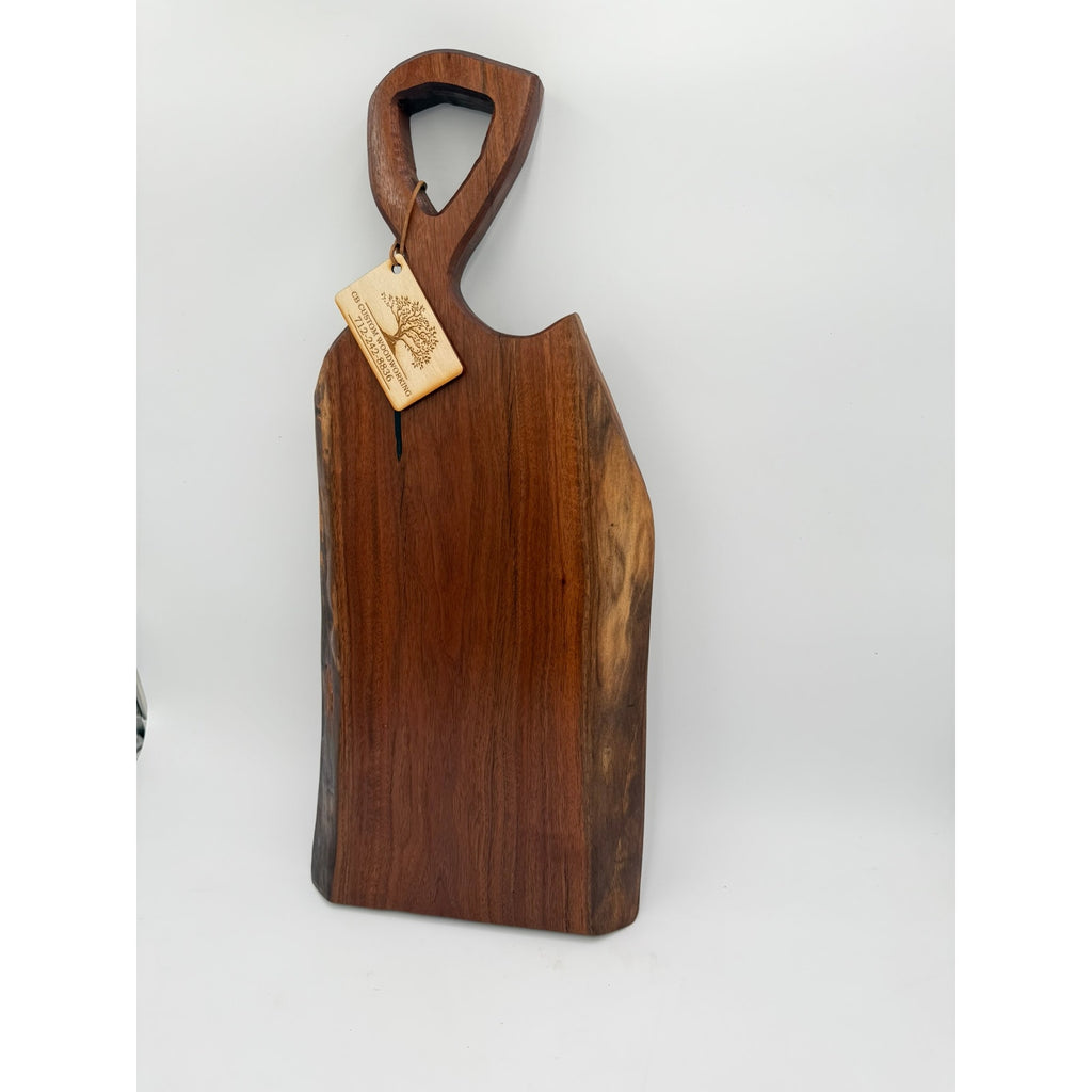 Heirloom Walnut Live Edge Charcuterie Board, thick and substantial, 23.5 x 11 x 1.5, wrought iron handle, serving tray, decorative kitchen