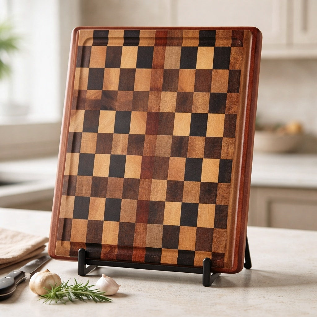 Premium End Grain Cutting Board Handmade, 16.5 x 11.5 x 1.75, mixed hardwoods, juice groove, finger grips, brass feet, gift ready