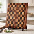 Premium End Grain Cutting Board Handmade, 16.5 x 11.5 x 1.75, mixed hardwoods, juice groove, finger grips, brass feet, gift ready