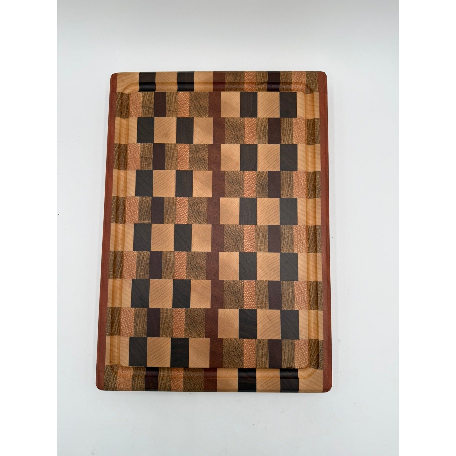 Premium End Grain Cutting Board Handmade, 16.5 x 11.5 x 1.75, mixed hardwoods, juice groove, finger grips, brass feet, gift ready
