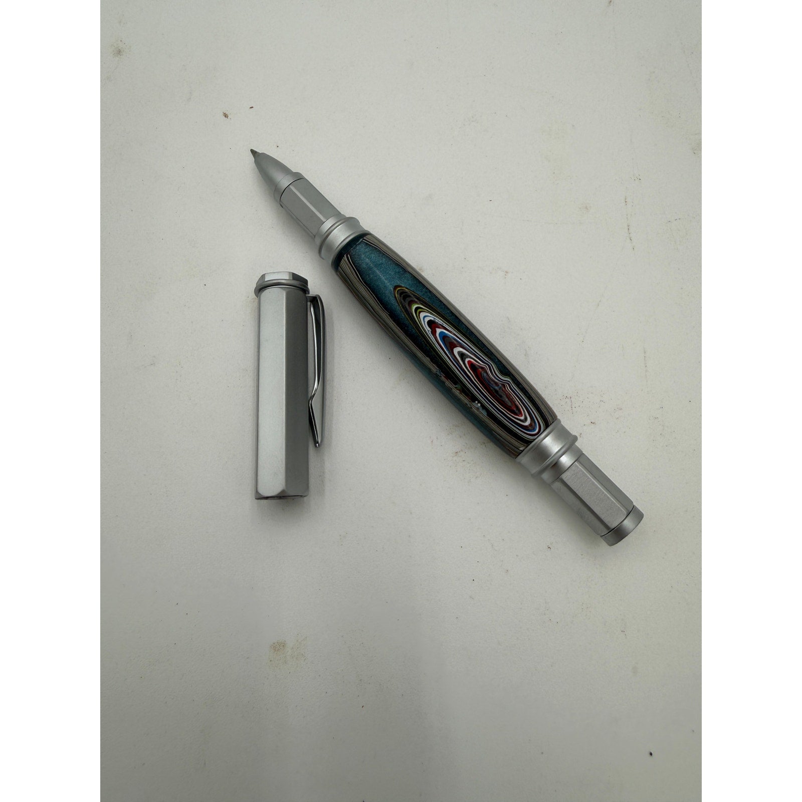 Hand Turned Fordite Rollerball Pen Gift Set, executive gift, artisan writing instrument, refillable, metal hardware, unique desk accessory
