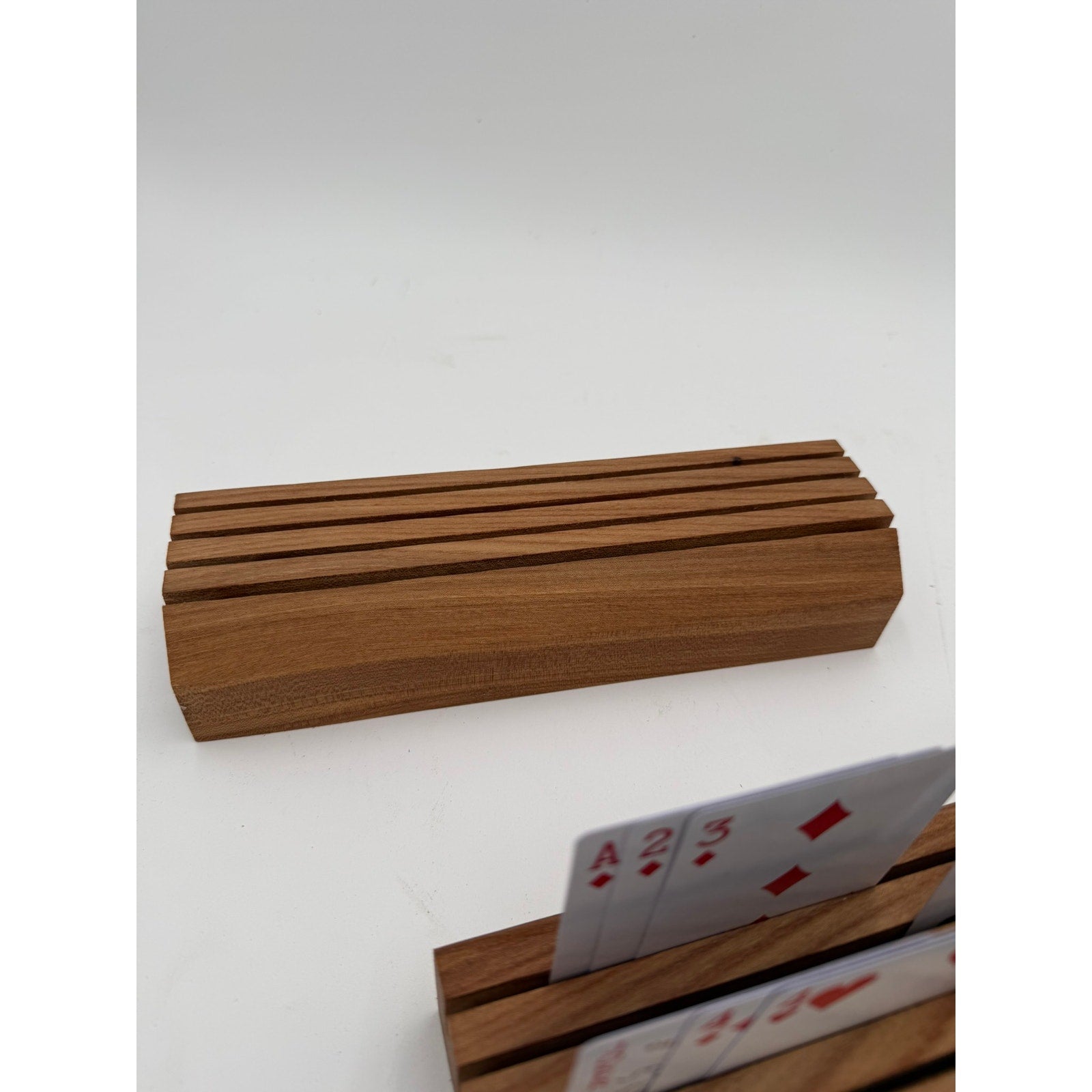 Handcrafted Wooden Playing Card Holder rack, 4-7 slot organizer, tabletop game accessory, bridge and poker aid