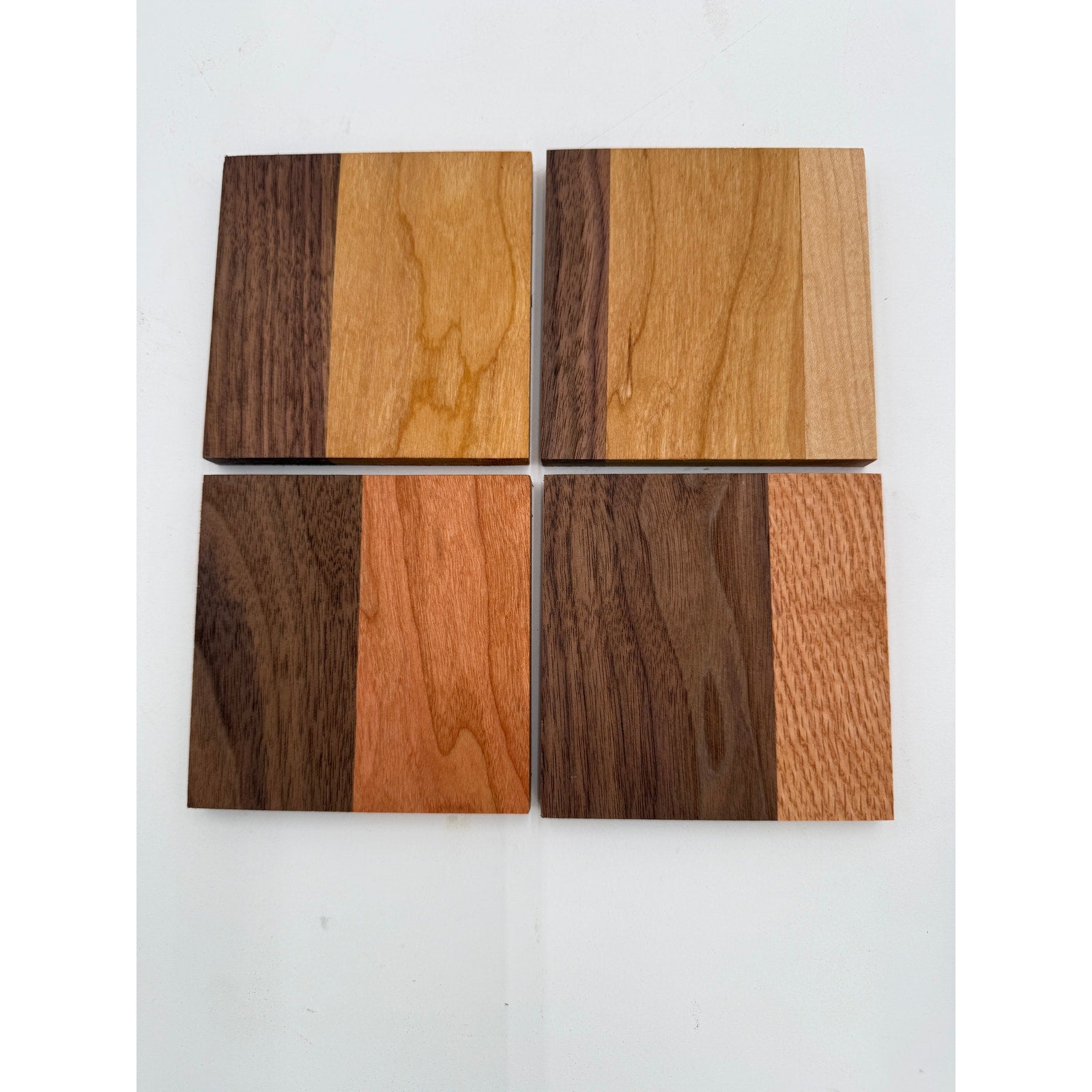 Handcrafted Hardwood Coaster Set of Four, dual-wood design, optional stand, choice of patterns and woods, 4x4 or 4.25x4.25