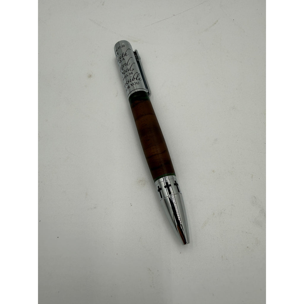 Handcrafted Walnut Epoxy Pen with Scripture, Matthew 17:20 engraved cap, premium metal accents, smooth refillable