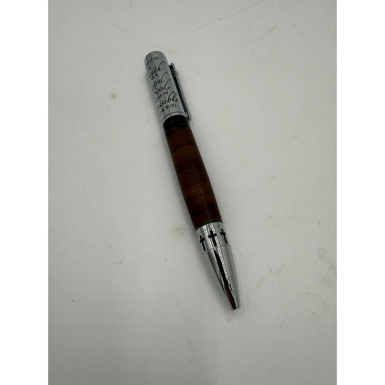Handcrafted Walnut Epoxy Pen with Scripture, Matthew 17:20 engraved cap, premium metal accents, smooth refillable