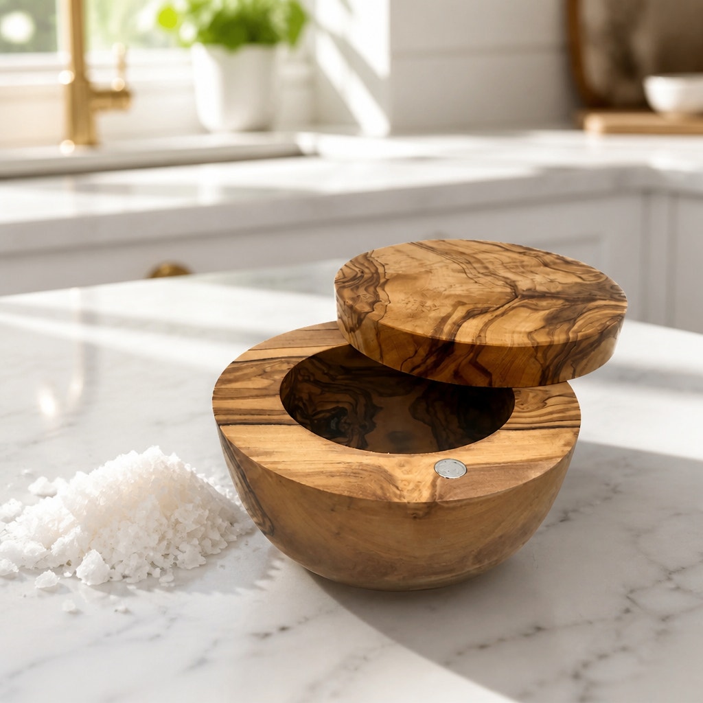 Olivewood Salt Cellar with Swivel Lid, Solid Wood, Hidden Hinge, Magnetic Latch, 4x3 Tall, SKU 1428