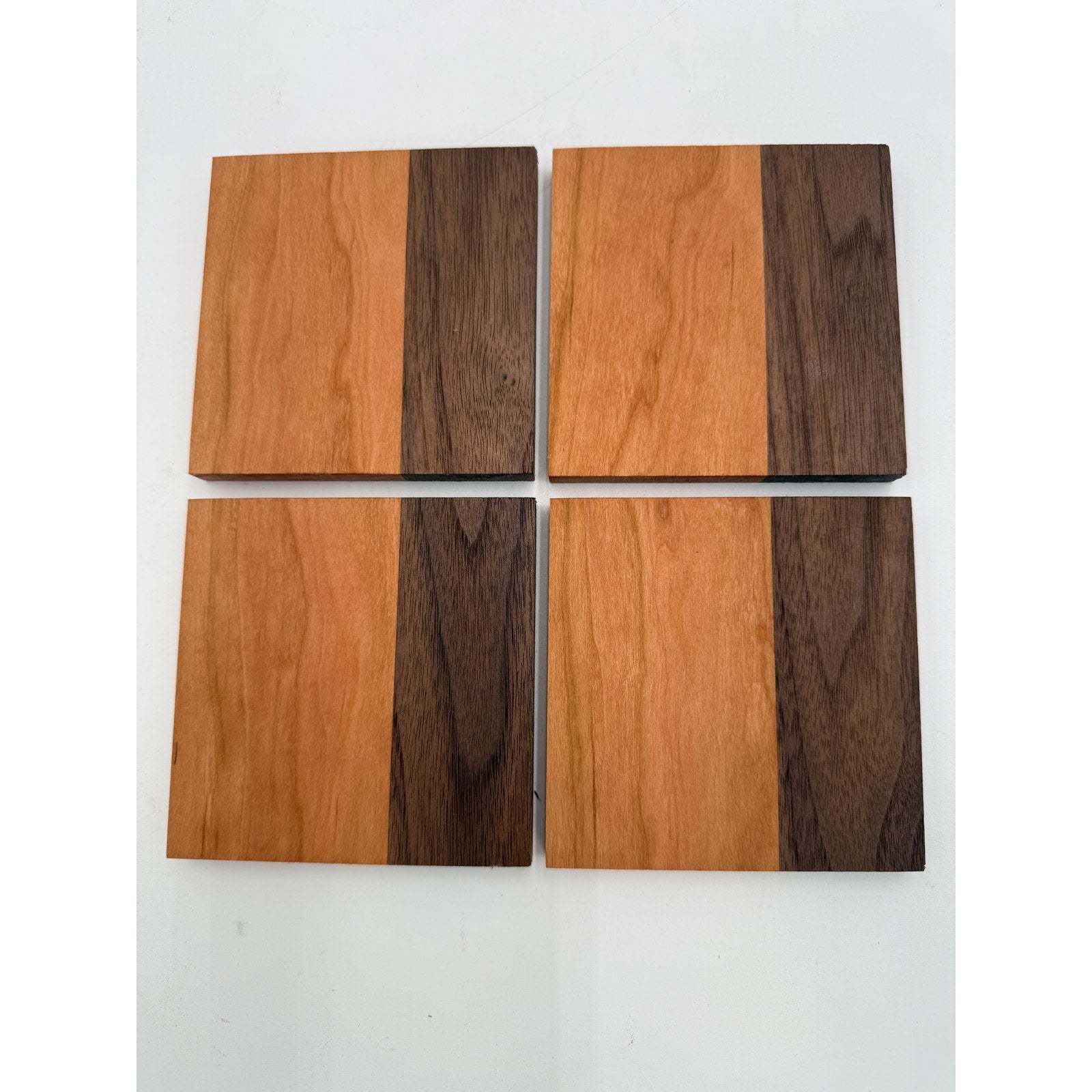 Handcrafted Hardwood Coaster Set of Four, dual-wood design, optional stand, choice of patterns and woods, 4x4 or 4.25x4.25