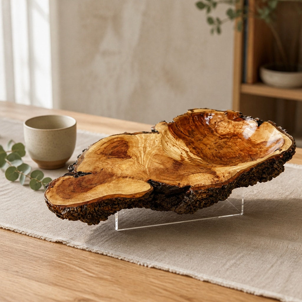 Maple Burl Live Edge Hand Turned Wood Bowl, decorative centerpiece, 11"x7"x2", artisan crafted, natural bark edge