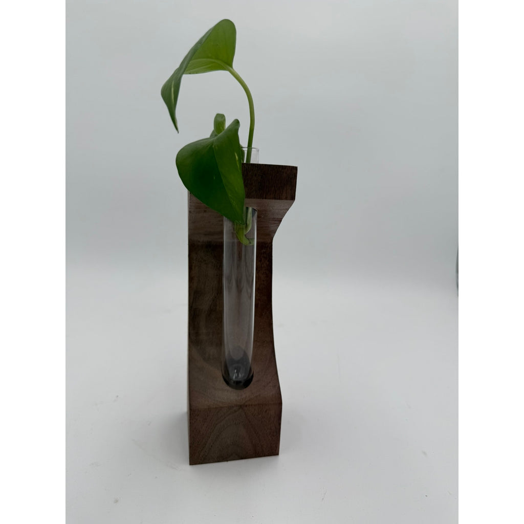 Walnut Propagation Station with Glass Tube, 3x3x9 inches, modern decor, functional bud vase, minimalist planter
