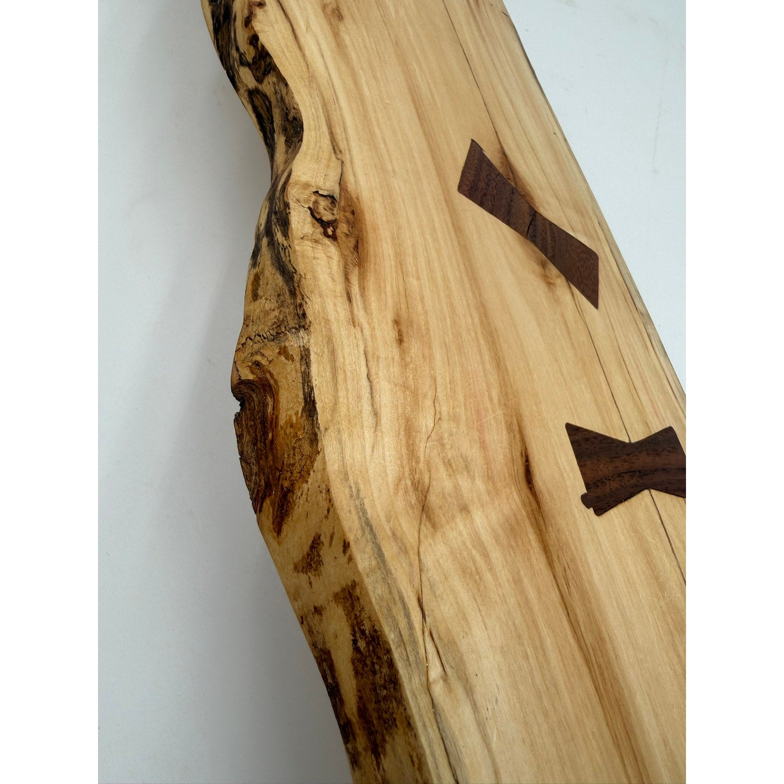 Live Edge Red Box Elder Charcuterie Board, walnut bow tie inlays, black wrought iron handles, 27.5 x 9 x .75, handmade, food safe
