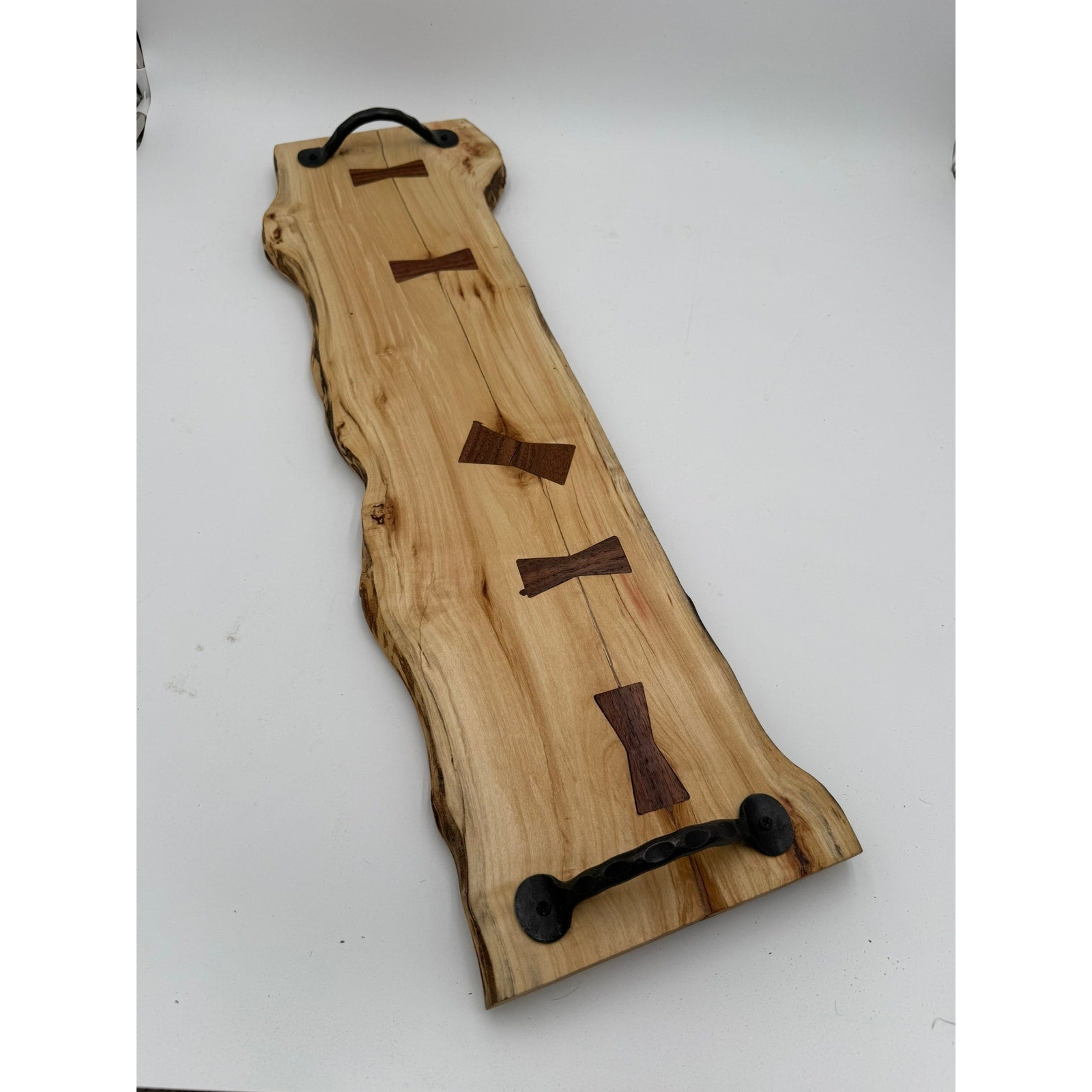 Live Edge Red Box Elder Charcuterie Board, walnut bow tie inlays, black wrought iron handles, 27.5 x 9 x .75, handmade, food safe
