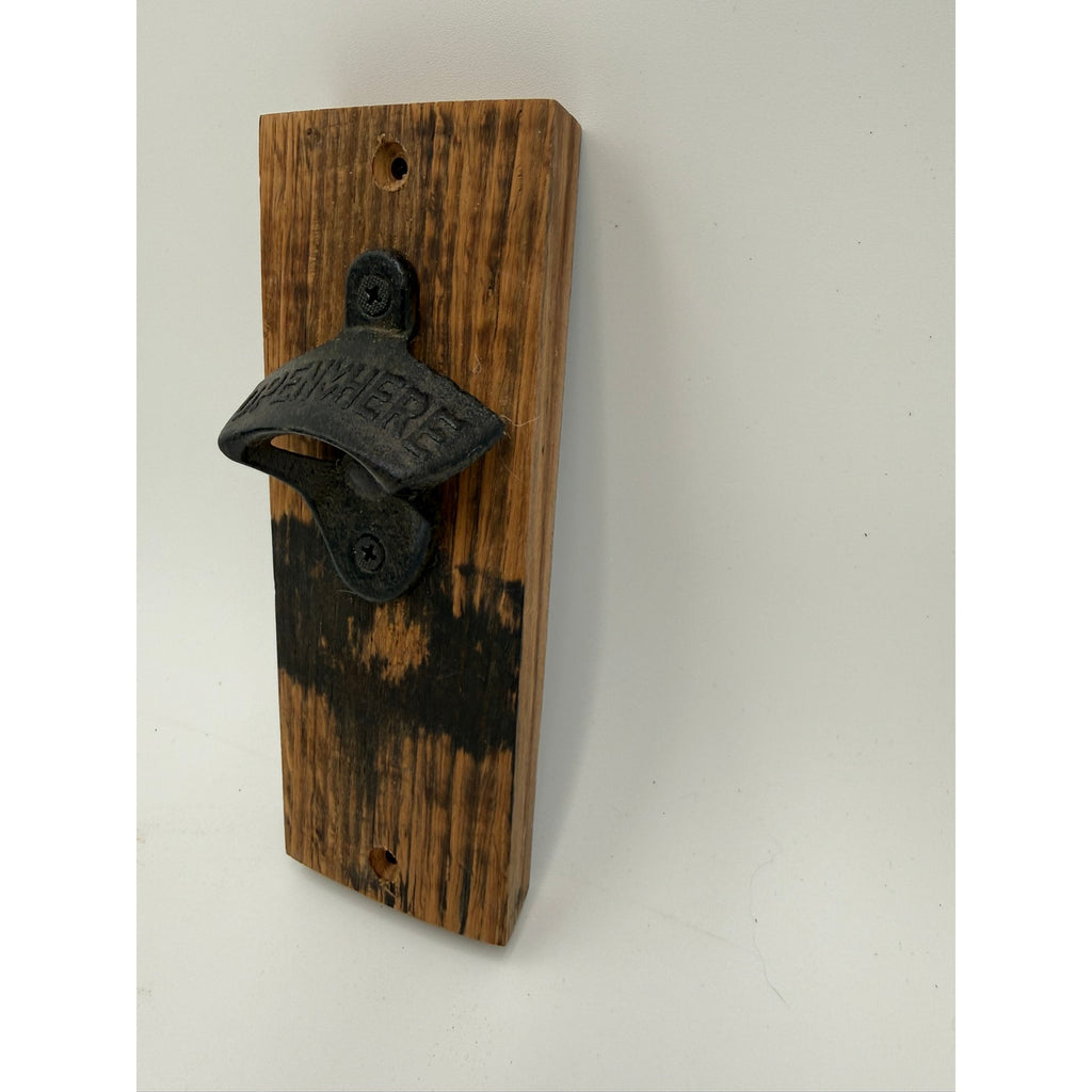 Whiskey Barrel Stave Wall Bottle Opener, rustic bar decor, mounts to wall or cabinet, sturdy cast iron, reclaimed oak