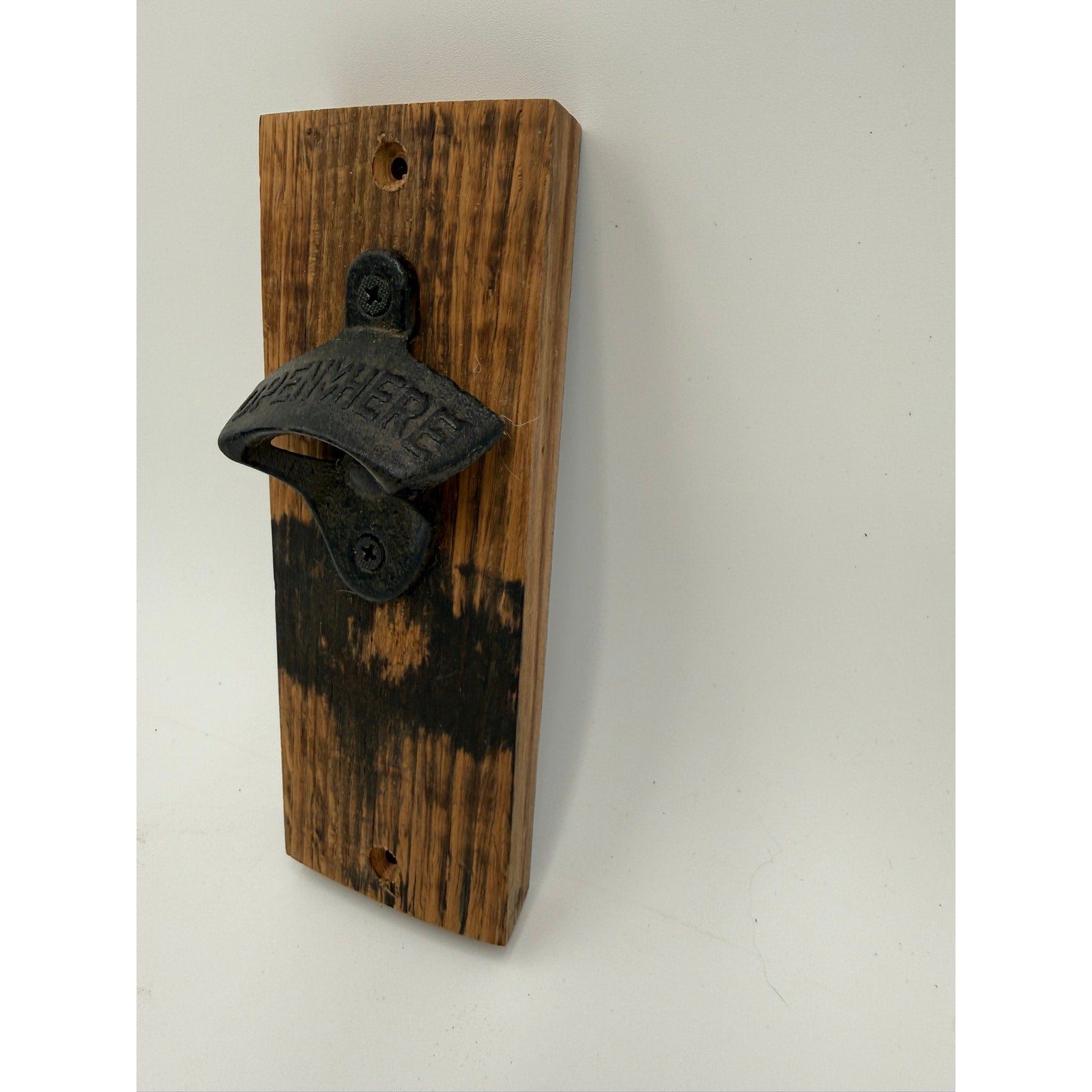 Whiskey Barrel Stave Wall Bottle Opener, rustic bar decor, mounts to wall or cabinet, sturdy cast iron, reclaimed oak
