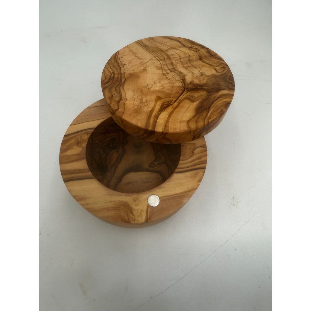 Olivewood Salt Cellar with Swivel Lid, Solid Wood, Hidden Hinge, Magnetic Latch, 4x3 Tall, SKU 1428