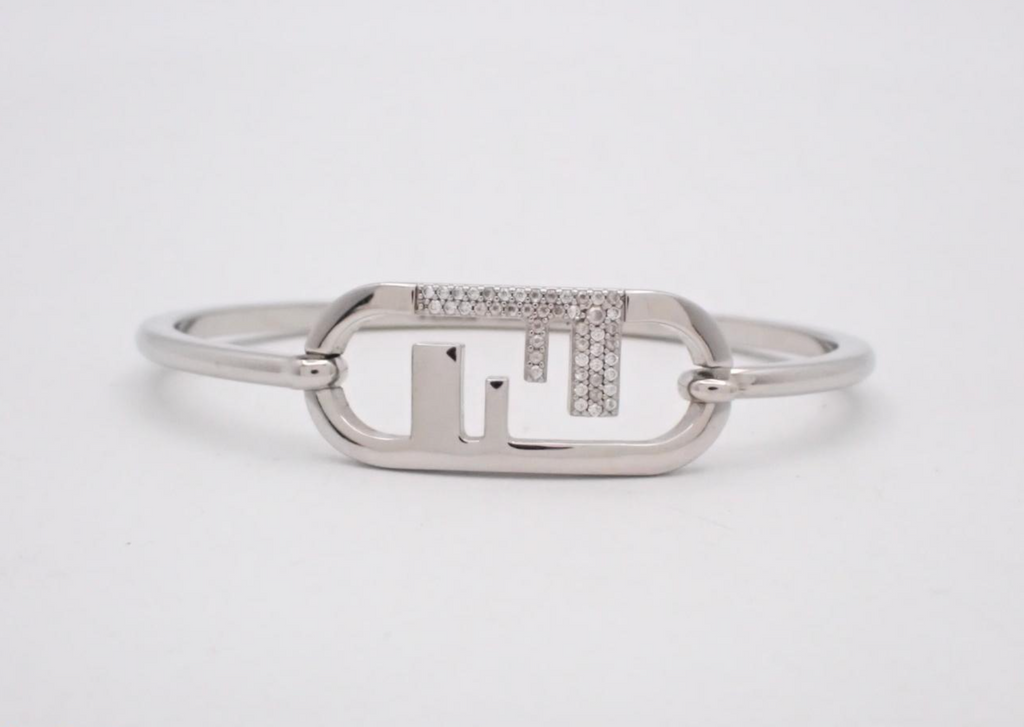 7661 - Fendi O'Lock Crystal Bangle Bracelet Silver Tone - Image 1