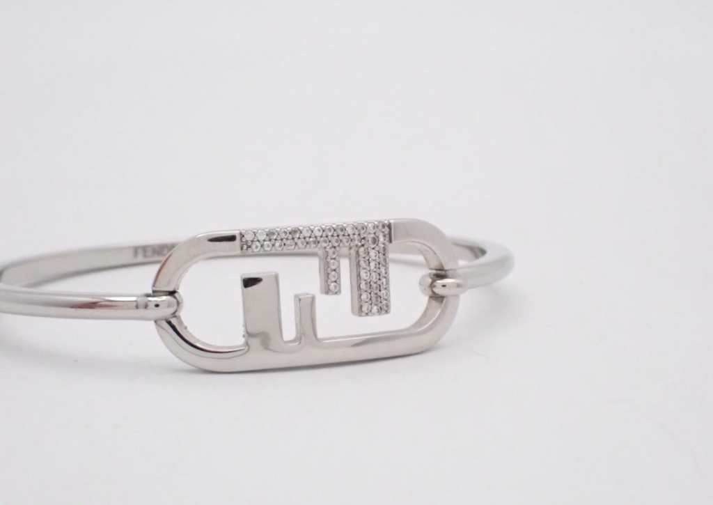 7661 - Fendi O'Lock Crystal Bangle Bracelet Silver Tone - Image 3