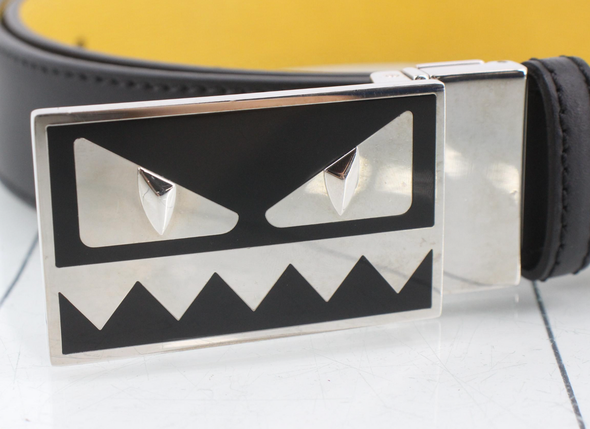 7668 - Fendi Monster Face Reversible Leather Belt Black Yellow - Image 2