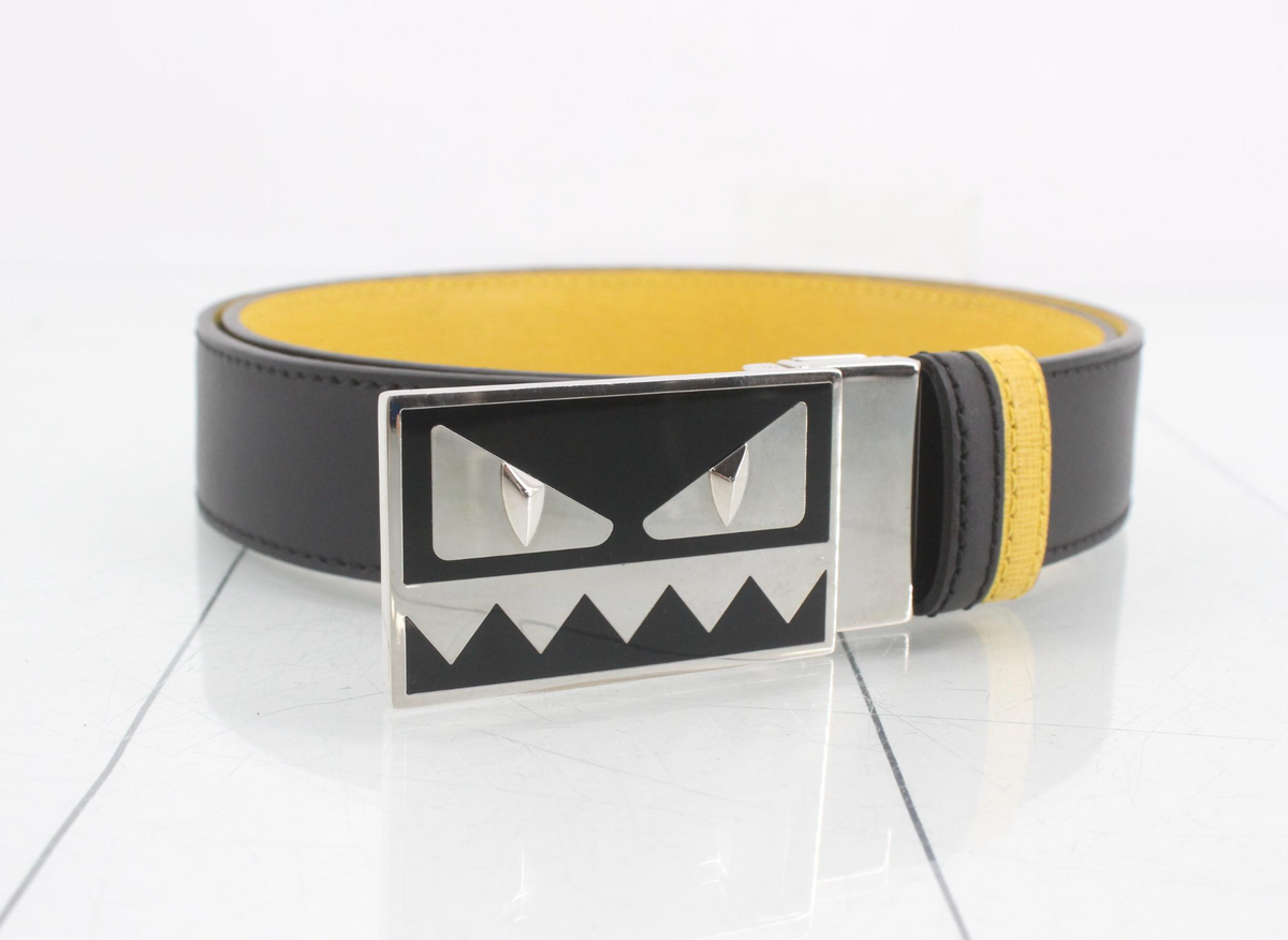 7668 - Fendi Monster Face Reversible Leather Belt Black Yellow - Image 1