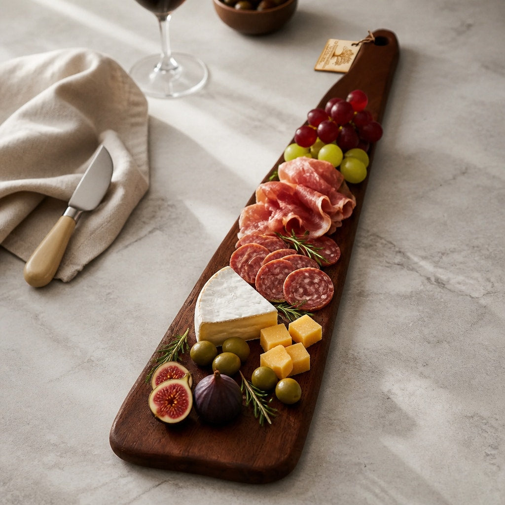 Long Walnut Charcuterie and Serving Board, 27 x 5 x 3/4 inches, hand crafted in solid wood, food-safe finish, entertaining platter