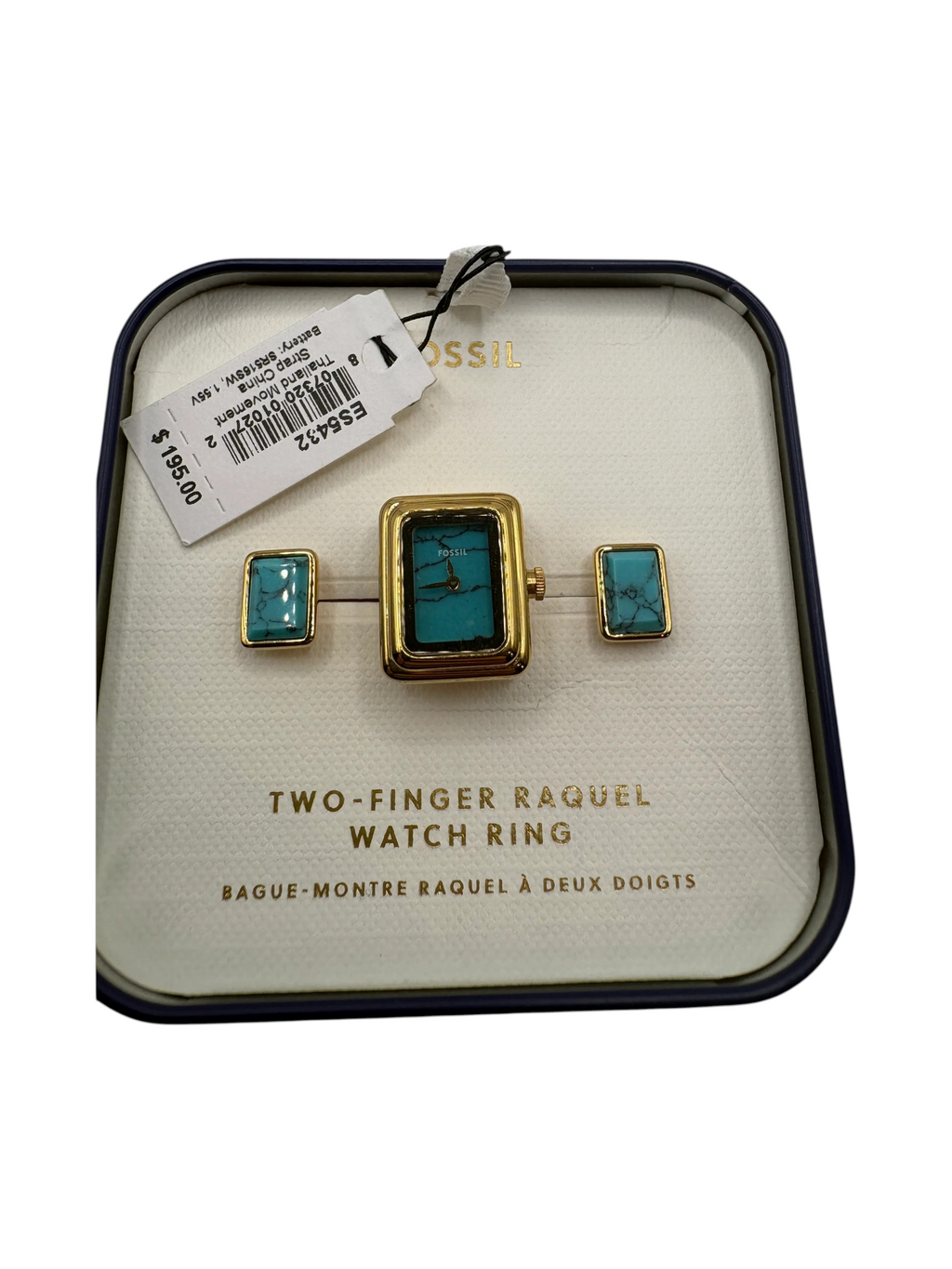 Fossil ES5432 Two-Finger Raquel Watch Ring Turquoise Gold Tone - Image 1