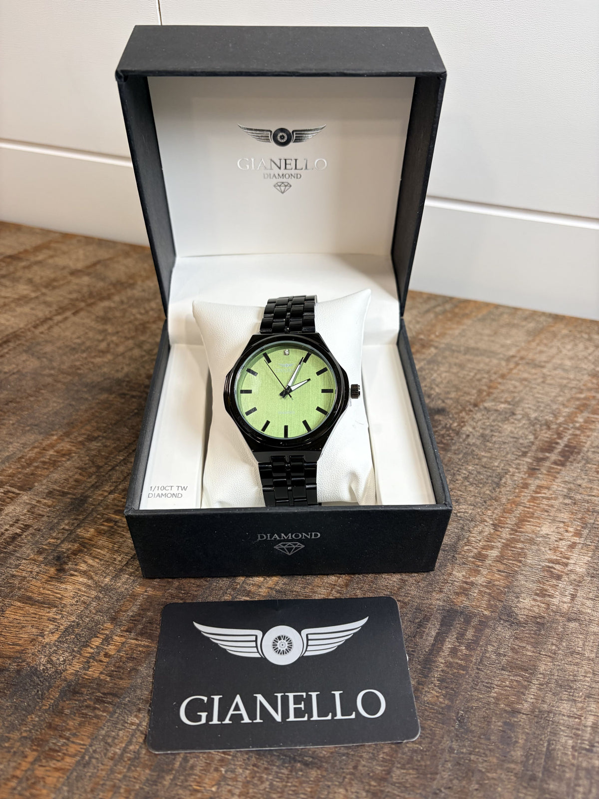 Gianello Zephyr Genuine Diamond Round Black Link Green Dial Watch GNL7820GN NIB - Image 1