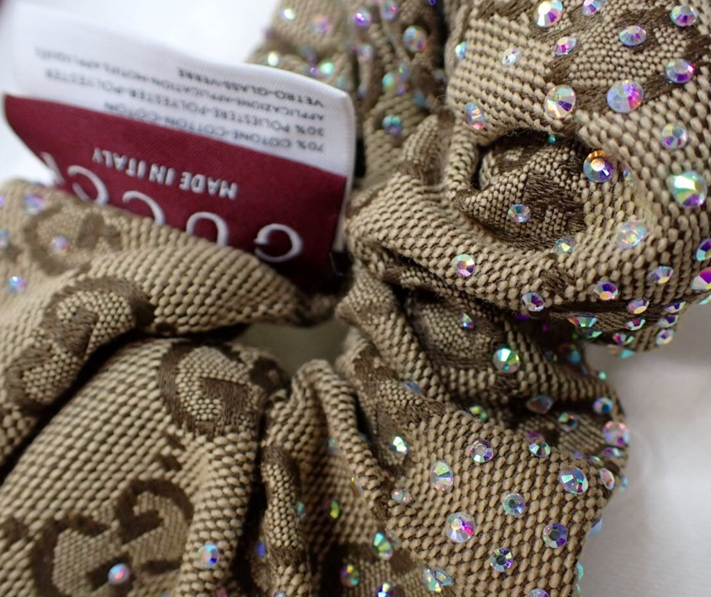 Gucci GG Canvas Crystal-Embellished Brown/Beige Scrunchie - NWT - Image 4