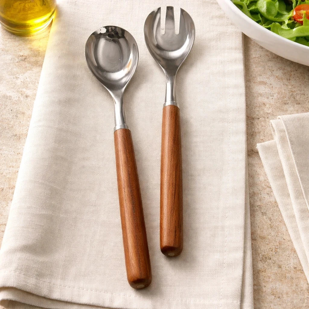 Hand Turned Wood Handle Salad Server Set, stainless steel heads, food safe finish, oak or cherry, handmade kitchen gift
