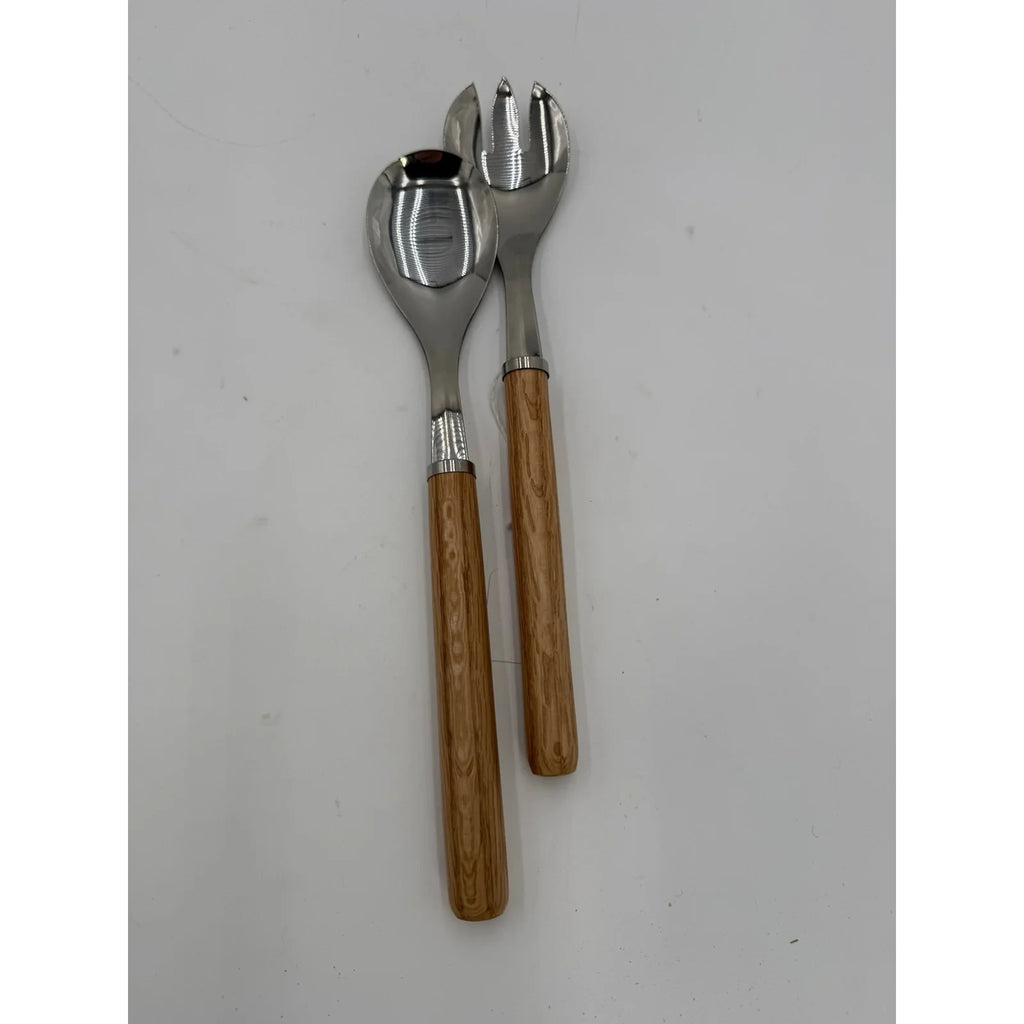 Hand Turned Wood Handle Salad Server Set, stainless steel heads, food safe finish, oak or cherry, handmade kitchen gift
