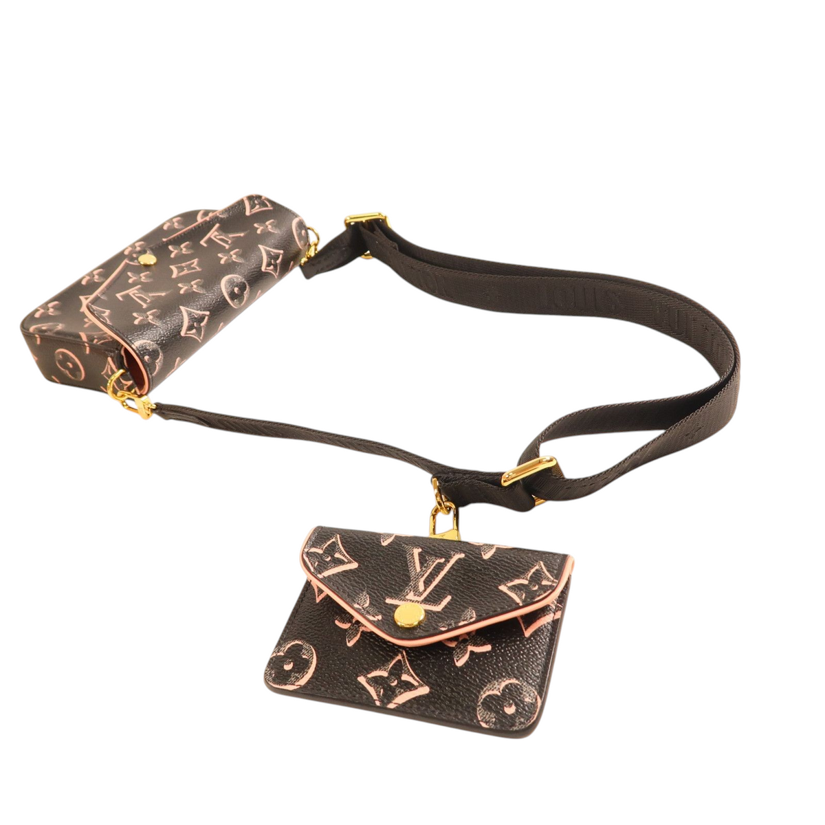 CURATED by Kira Louis Vuitton Felicie Strap & Go pochette in black and pink monogram canvas with gold hardware