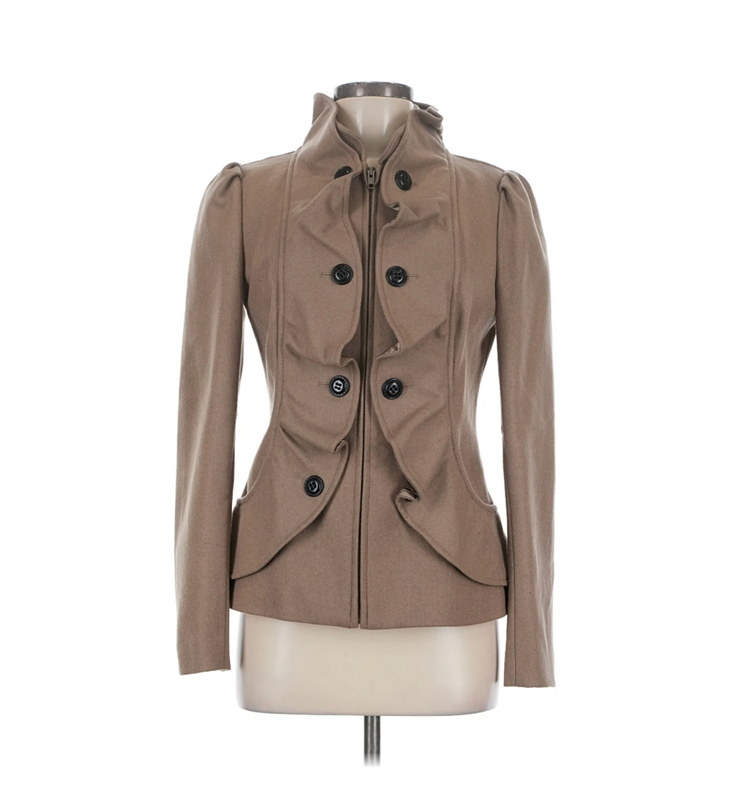 Idra Camel Wool Ruffle Front Military Jacket - Size 6 - Image 1