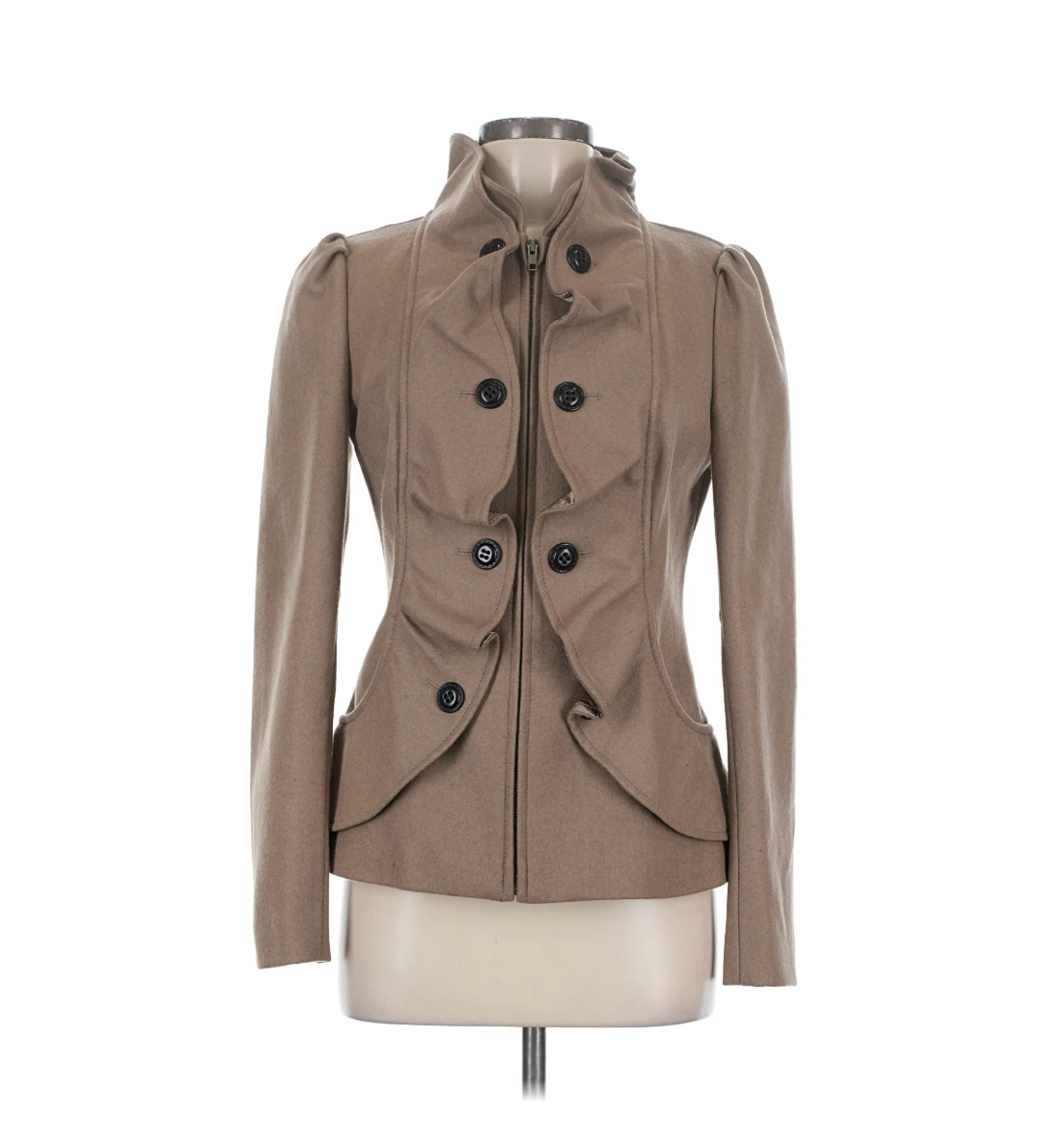Idra Camel Wool Ruffle Front Military Jacket - Size 6 - Image 1