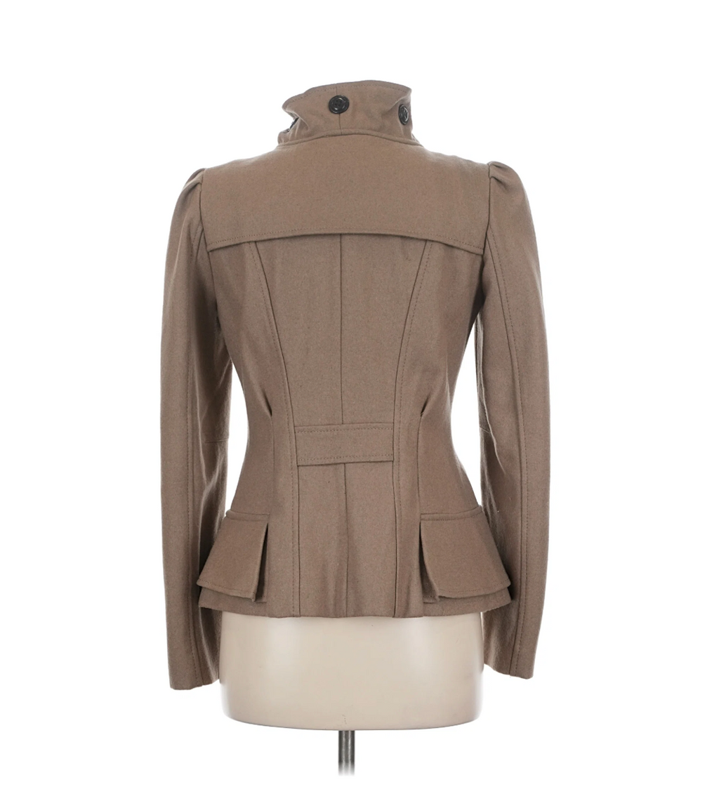 Idra Camel Wool Ruffle Front Military Jacket - Size 6 - Image 2