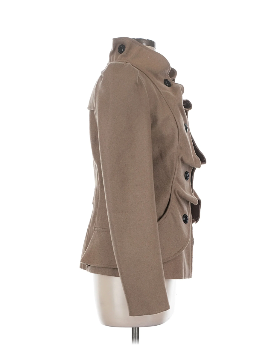 Idra Camel Wool Ruffle Front Military Jacket - Size 6 - Image 3