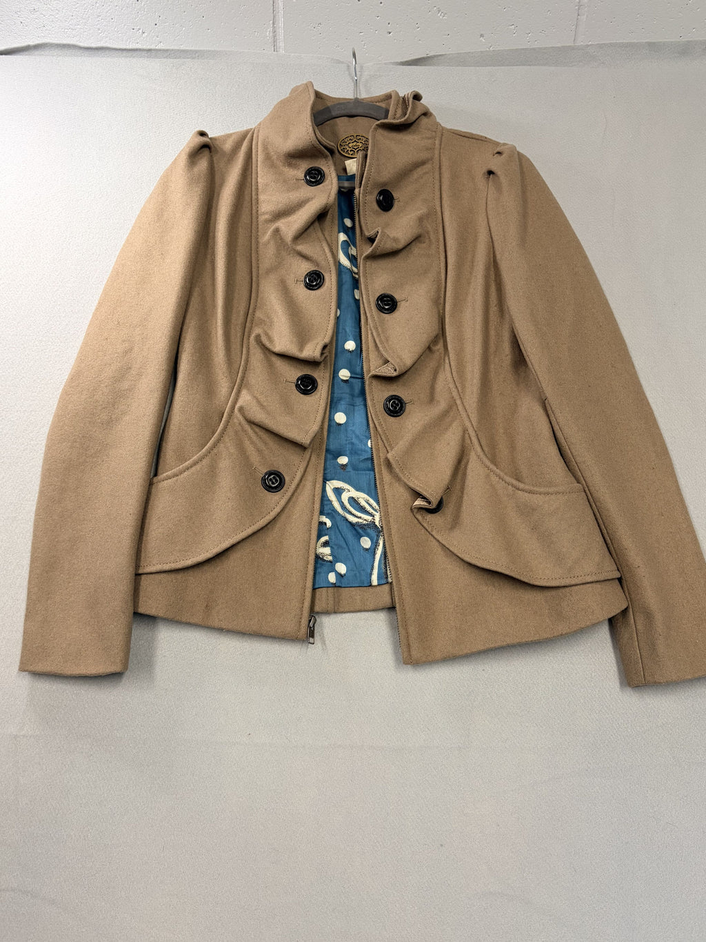Idra Ruffle Wool Jacket Anthropologie Tan Camel Blue Lining Women's - Image 1