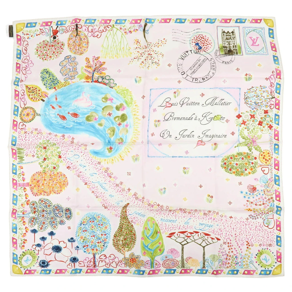 6835 - Louis Vuitton 100% Silk Scarf Voyage Autour De Ma Malle Promenade Kyoto Pink - Image 12