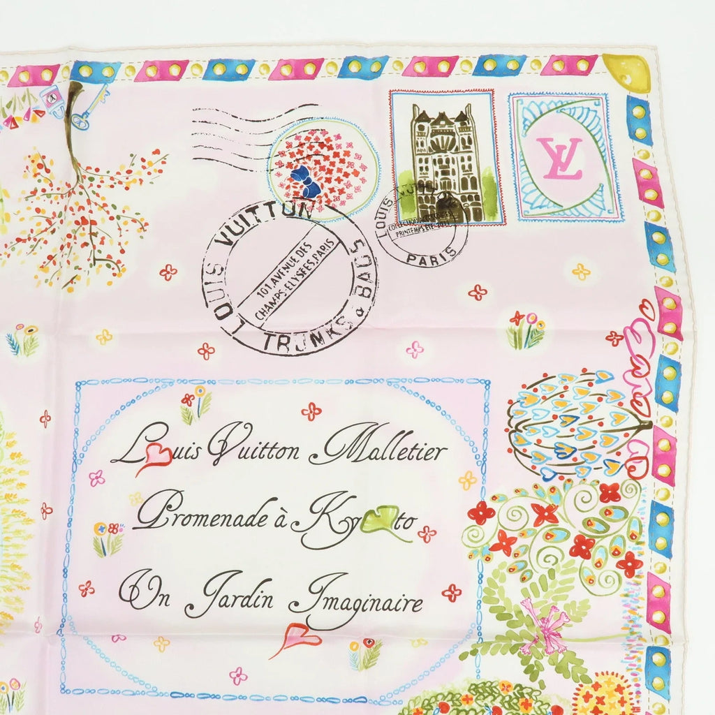 6835 - Louis Vuitton 100% Silk Scarf Voyage Autour De Ma Malle Promenade Kyoto Pink - Image 1