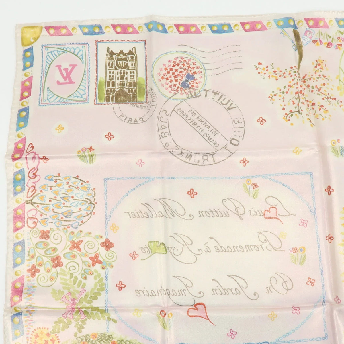 6835 - Louis Vuitton 100% Silk Scarf Voyage Autour De Ma Malle Promenade Kyoto Pink - Image 4
