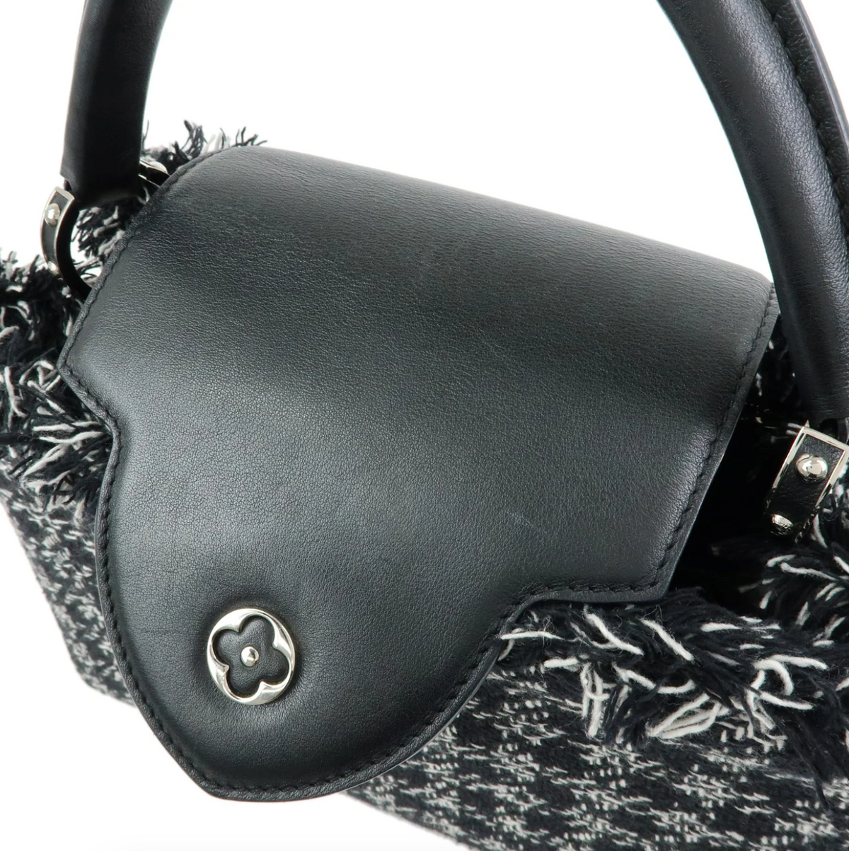7549 - Louis Vuitton Capucines MM Tweed Top Handle Bag Black White with Strap - Image 5