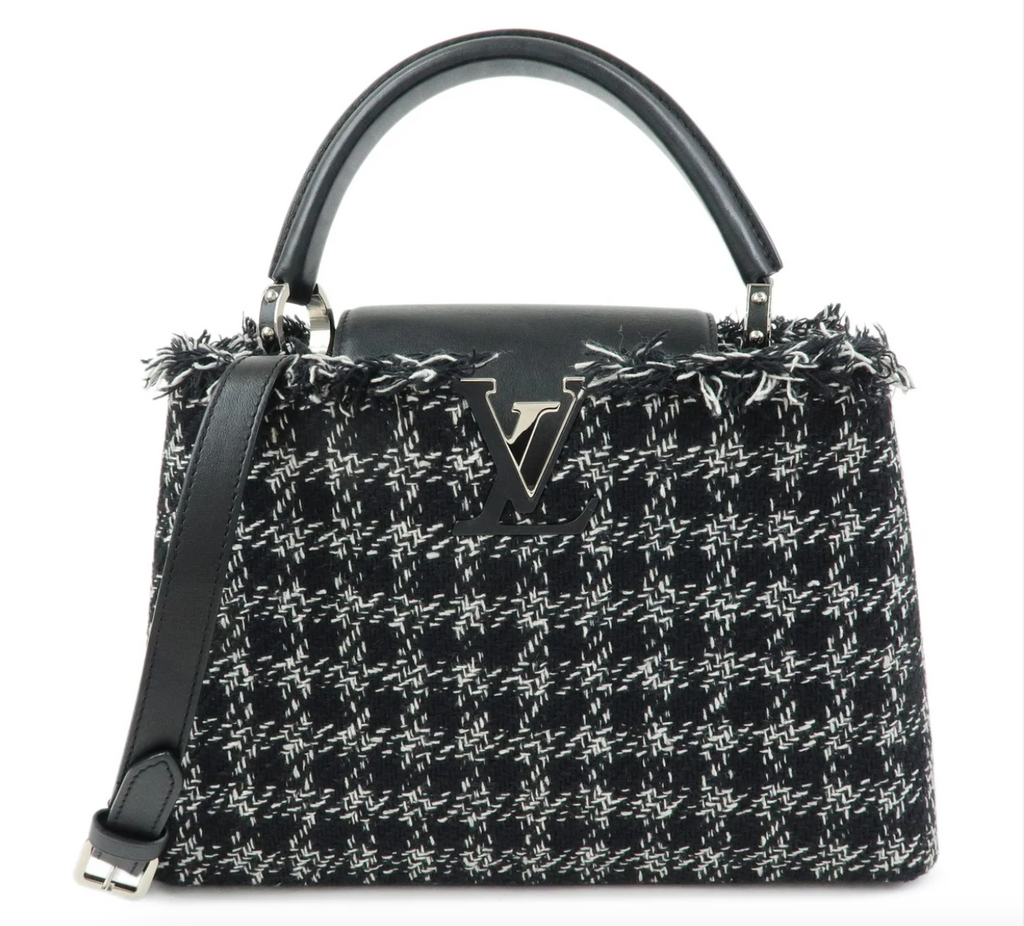 7549 - Louis Vuitton Capucines MM Tweed Top Handle Bag Black White with Strap - Image 1