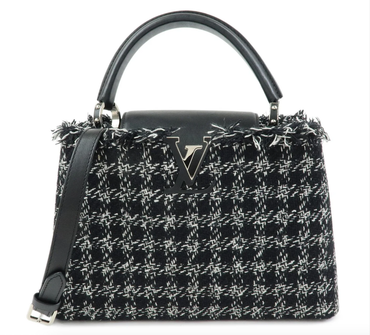 7549 - Louis Vuitton Capucines MM Tweed Top Handle Bag Black White with Strap - Image 1