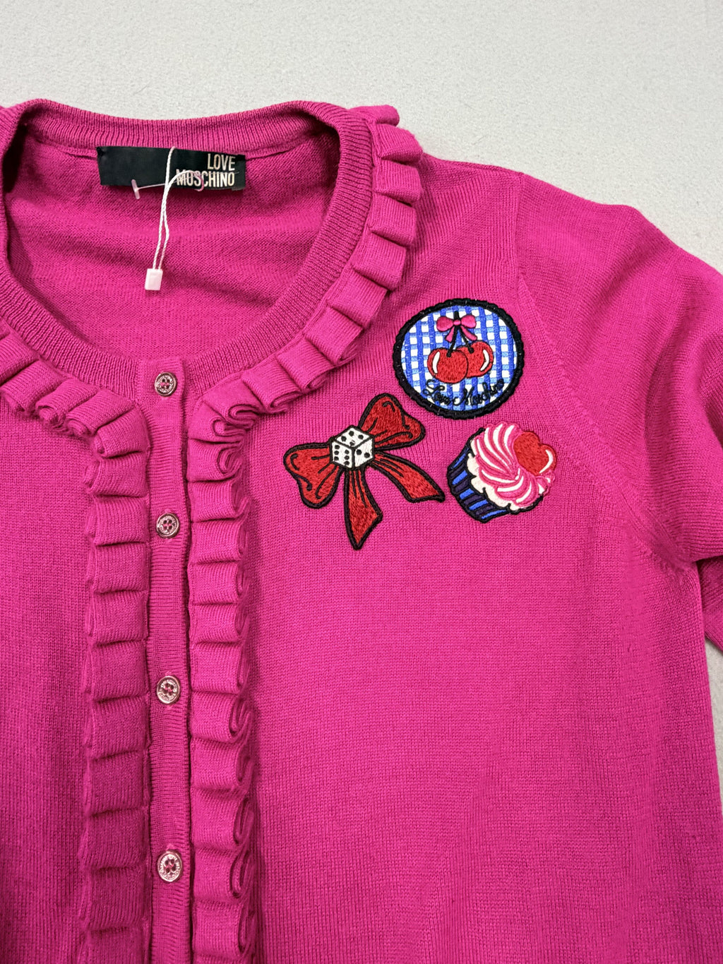 Love Moschino Pink Knit Sweater Cherry Cupcake Patch New - Size 8 / Fuchsia / New with Tags - Image 2