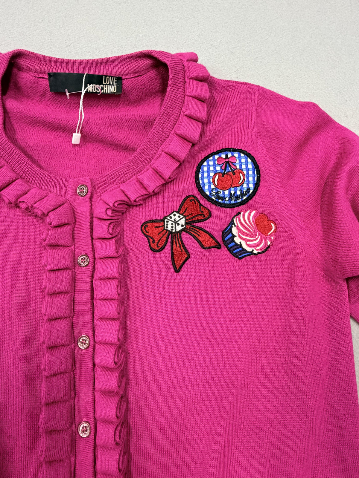Love Moschino Pink Knit Sweater Cherry Cupcake Patch New - Size 8 / Fuchsia / New with Tags - Image 2
