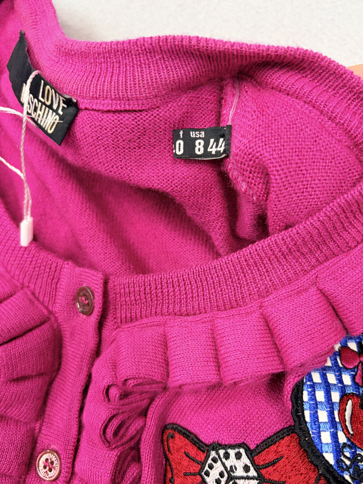 Love Moschino Pink Knit Sweater Cherry Cupcake Patch New - Size 8 / Fuchsia / New with Tags - Image 4