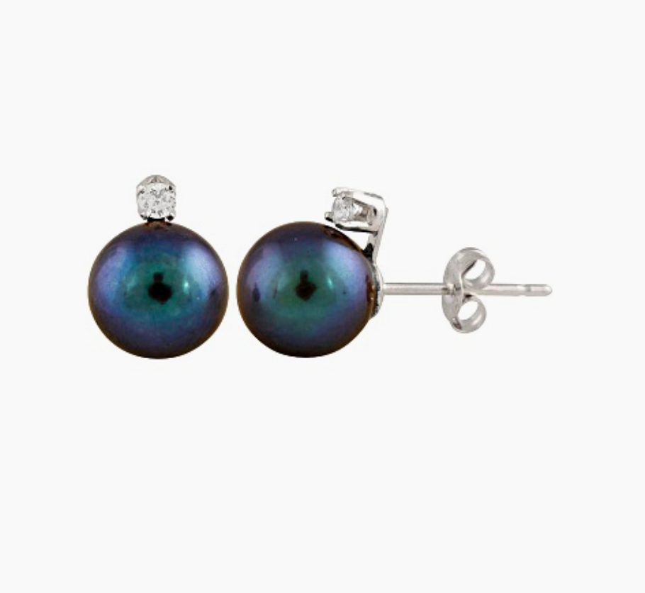 Macy's Black Peacock Cultured Pearl Diamond Accent Stud Earrings - New - Image 1