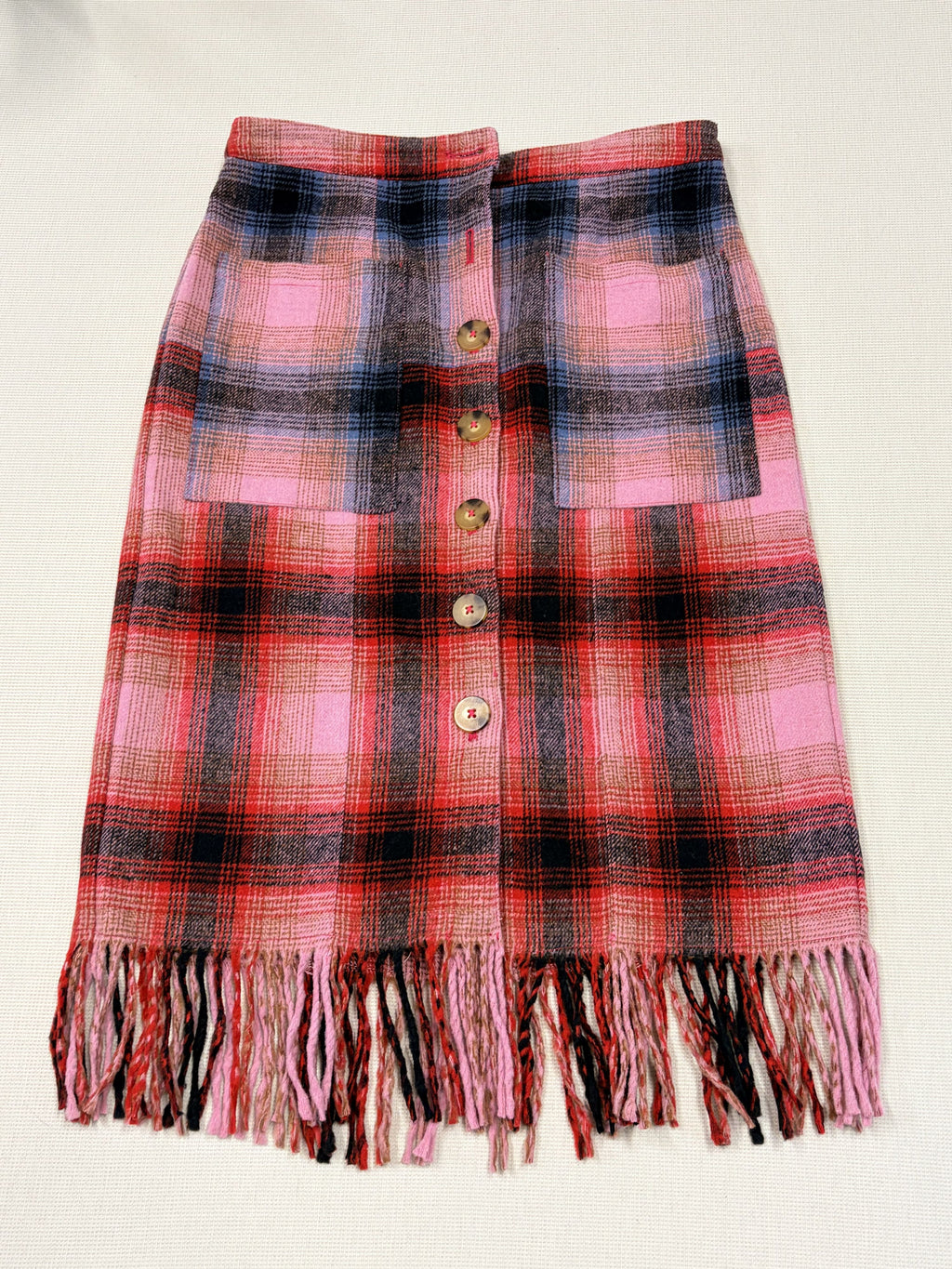 Maeve Anthropologie Plaid Wool Skirt Fringe Hem - Size 10 / Fuchsia / Excellent - Image 1