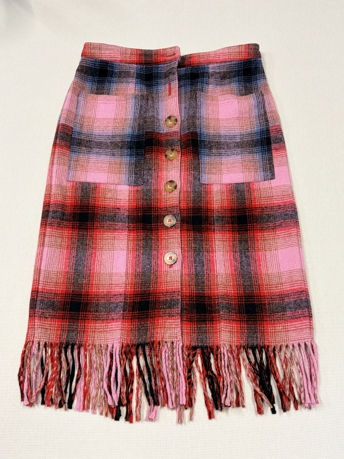 Maeve Anthropologie Plaid Wool Skirt Fringe Hem - Size 10 / Fuchsia / Excellent - Image 1