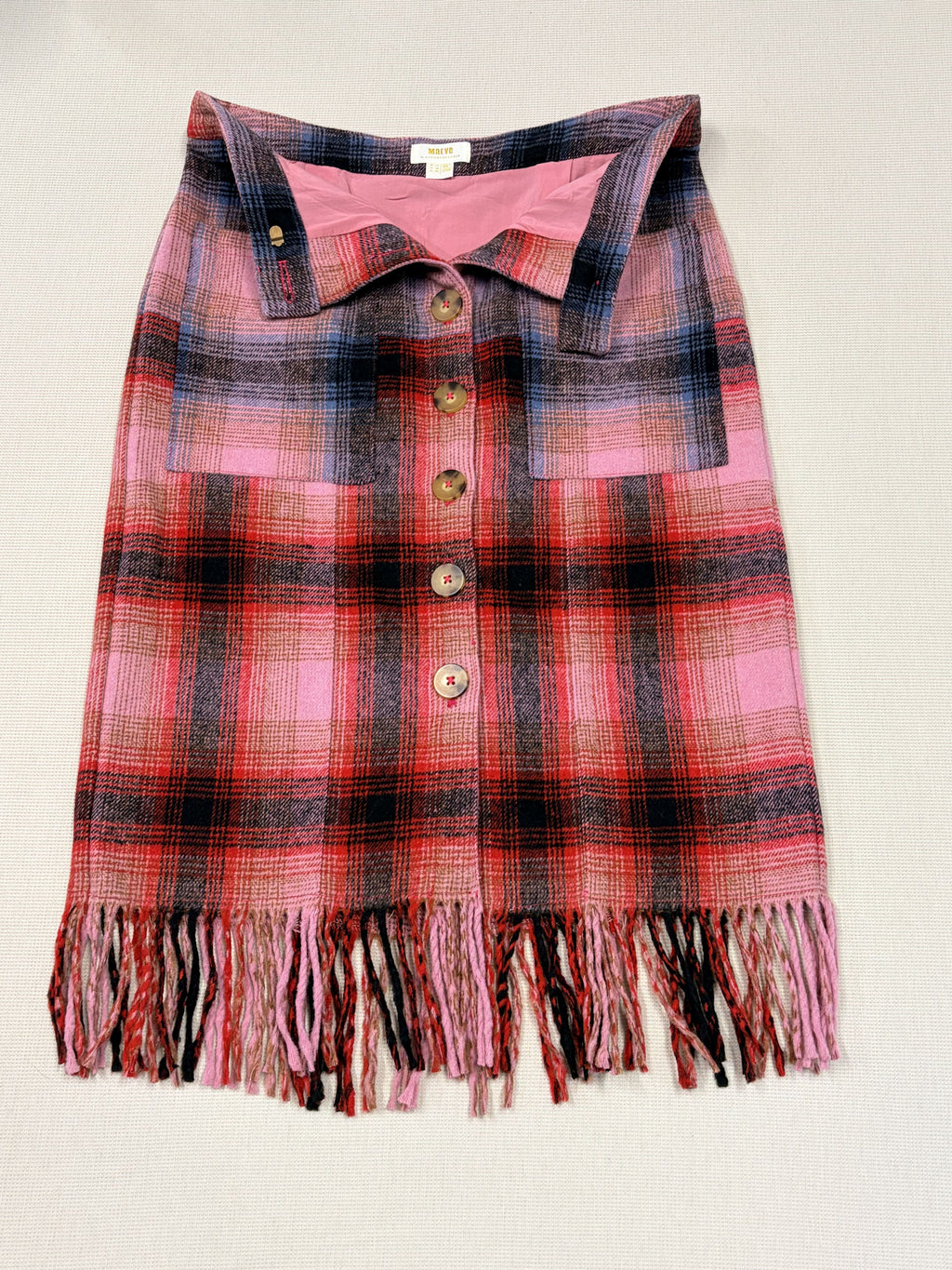 Maeve Anthropologie Plaid Wool Skirt Fringe Hem - Size 10 / Fuchsia / Excellent - Image 2