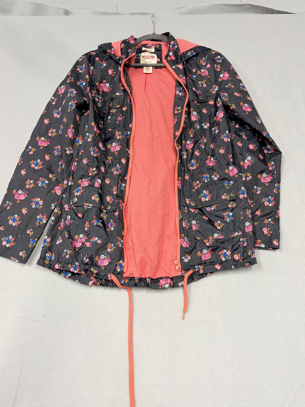 Mossimo Black Floral Print Rain Jacket Coral Zip Womens - Size M / Black / Very Good - Image 1