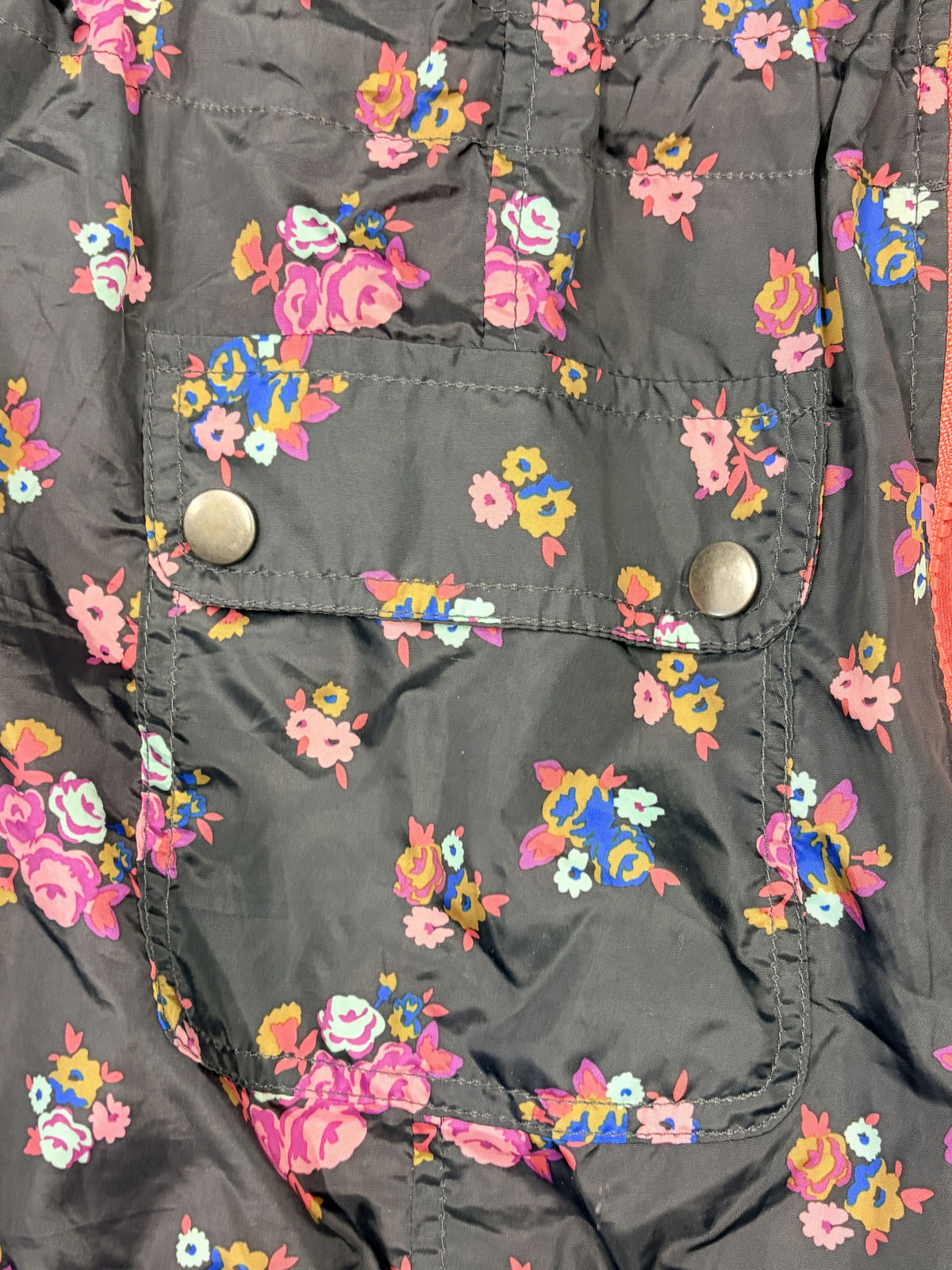 Mossimo Black Floral Print Rain Jacket Coral Zip Womens - Size M / Black / Very Good - Image 2